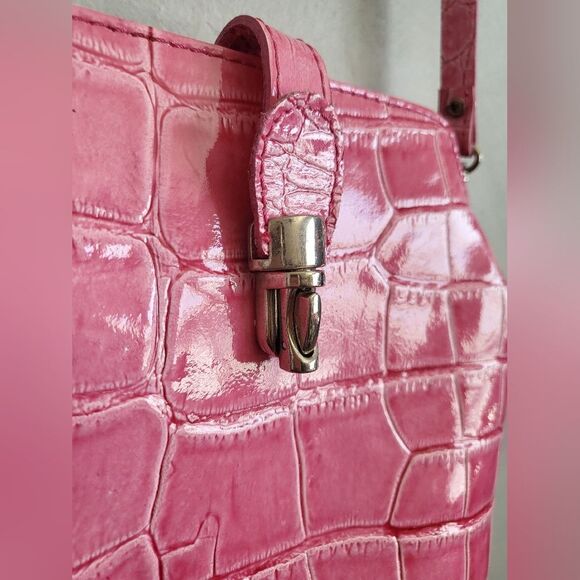 Pink Alligator Croc Embossed Small Leather Bag Made in Italy 8 x 8 - Picture 10 of 16